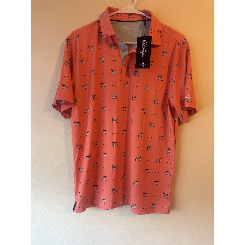 Walter Hagen Peach Garden golf cart print Short Sleeve Golf Polo Size Small NW